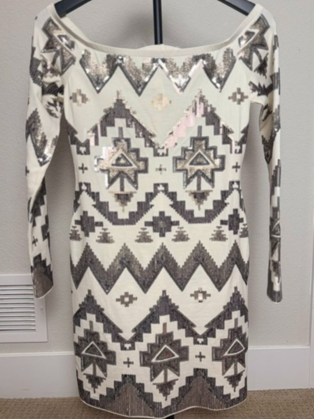Express Geometric Sequin Off-Shoulder Mini Dress